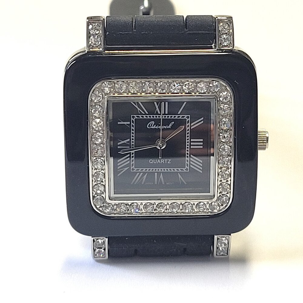 OSIROCK Black Quartz Wrist Watch Rhinestone Square Adjustable Silicone Band - Picture 11 of 15